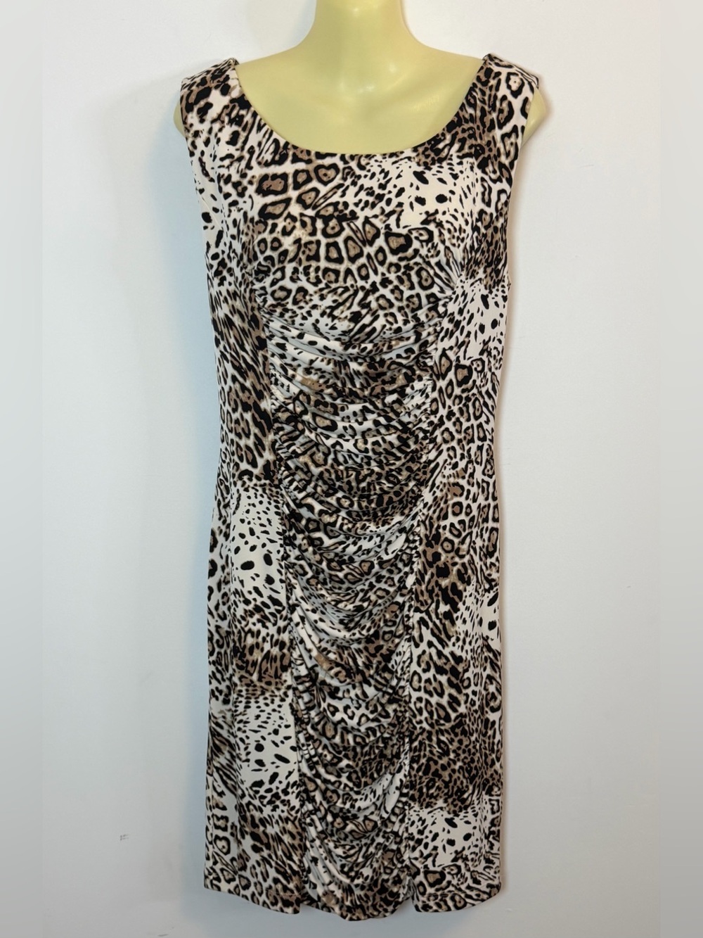 Calvin Klein Beige and Black Leopard Print Ruched Midi Dress